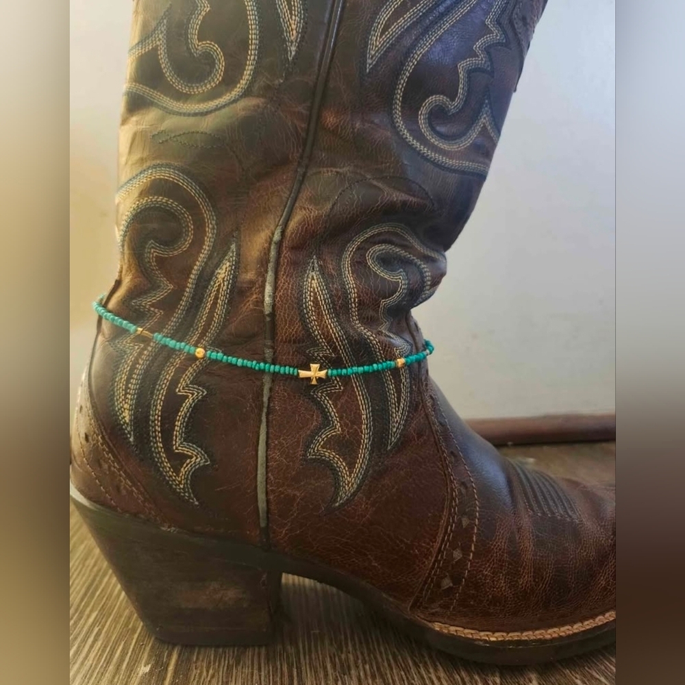 Brown Cowboy Boots with Turquoise Beaded Anklet